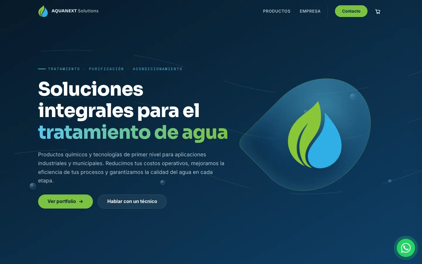 primera pantalla del sitio de aquanext solutions, en www.aquanextsolutions.com